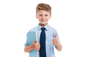 Happy boy showing thumbs up while holding notebook isolated on transparent background