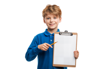 Smiling boy holding clipboard and pointing at blank sheet with pencil isolated on transparent background
