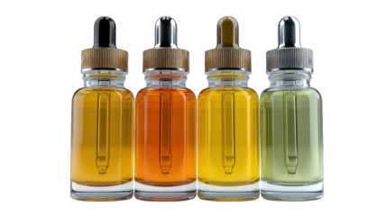 Four bottles with dropper lids, colorful liquids inside