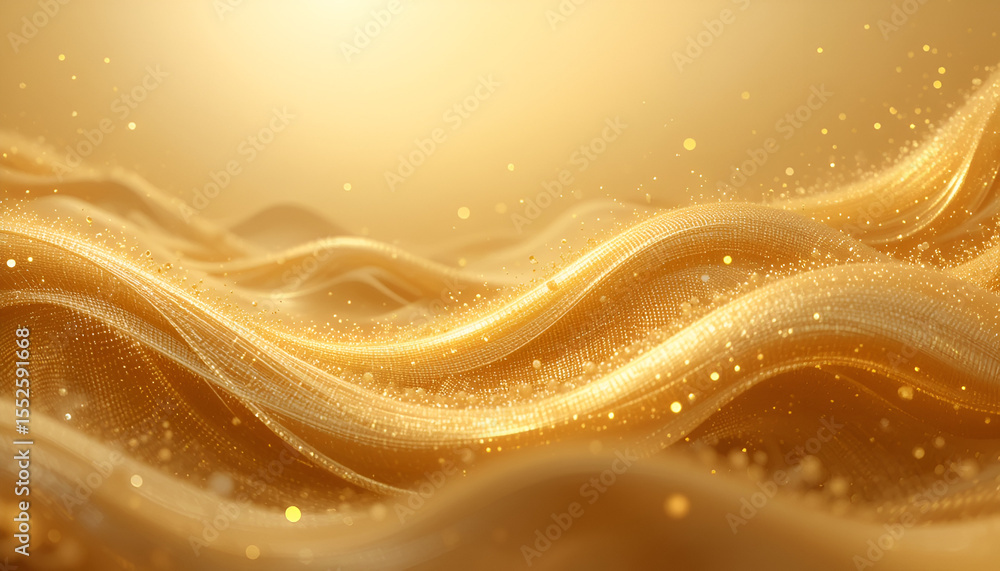 Poster golden waves flow in a luxurious abstract background, creating a rich texture with sparkling particl
