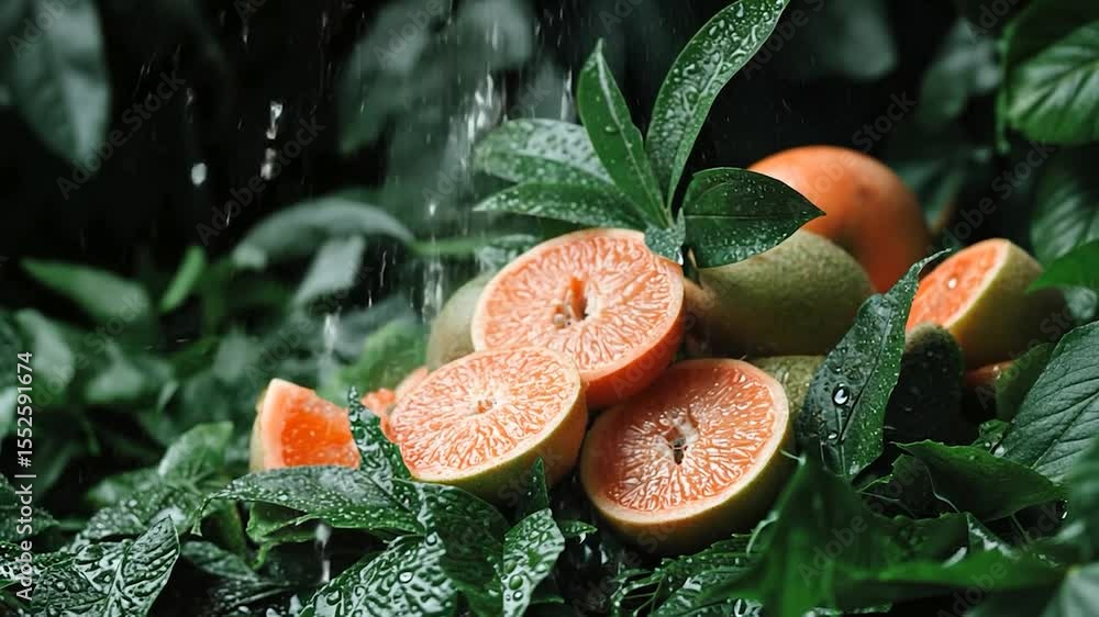 Poster sliced oranges and whole citrus fruits on green leafy background with water droplets
