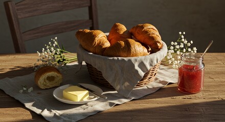Warm morning sunlight illuminates a rustic table setting with freshly baked croissants, butter, and homemade jam.