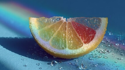 Lemon slice diffracting light into colorful rainbows on 75 percent ice blue canvas with condensation drops and soft typography shadows creating fresh and vibrant abstract composition