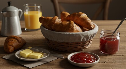 Rustic Morning Delight: Croissants, Jam, and Orange Juice Await