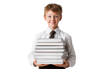 Smiling boy in uniform holding stack of books isolated on transparent background