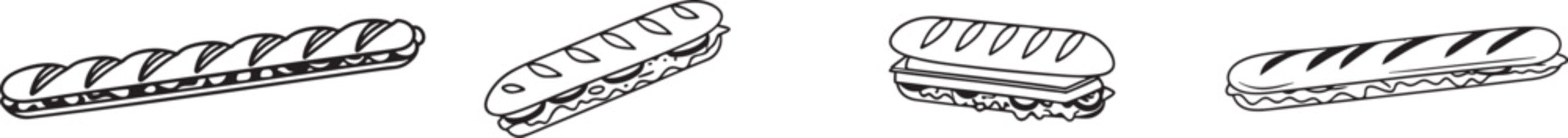 Black and White Baguette Icons: Assorted Vector Set of Loaf Breads.