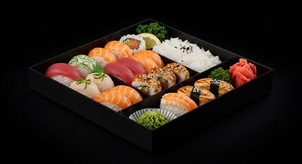 Indulge in this exquisite sushi bento box, a delightful array of fresh fish, rice, and vibrant garnishes.