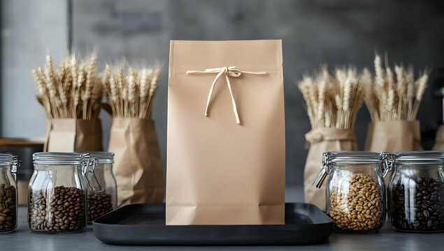 Brown paper bag tied with string wheat jars coffee beans