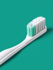 A closeup of a sparkling white toothbrush with vibrant bristles, isolated on a solid teal background,
