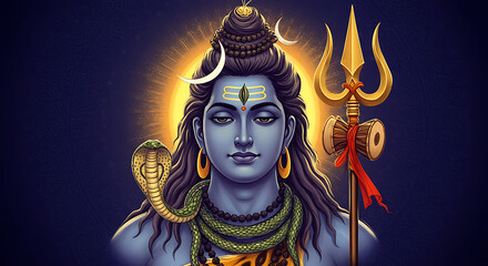 A serene depiction of the Hindu deity Shiva with a trident and cobra.