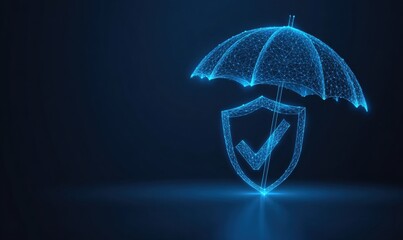 Health insurance policy. Digital illustration of a protective umbrella with a shield and checkmark, symbolizing security and assurance.