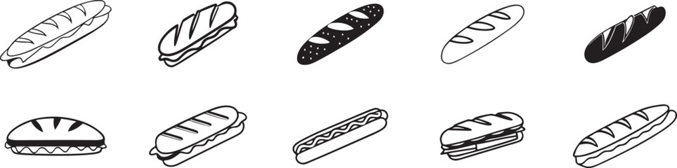 Black and White Hot Dog Illustrations: Assorted Vector Set of Grilled Sausages.