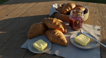 Golden Hour Breakfast: Croissants, Butter, and Jam on Rustic Wood