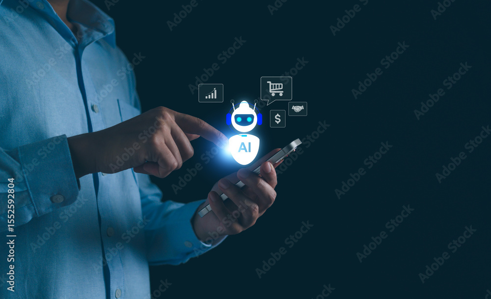 Poster ai technology in business e-commerce concept, businessman using ai chatbot smart assistant on tablet