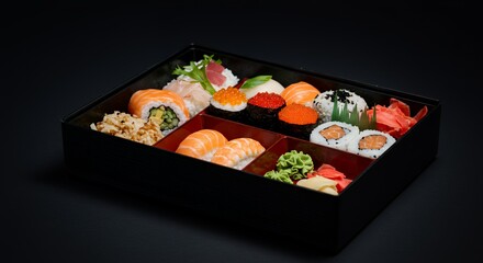 Indulge in this exquisite sushi bento box, a delightful array of flavors and textures perfectly presented.