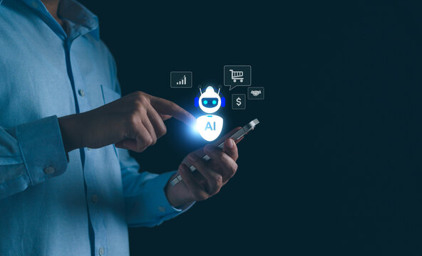 AI technology in business E-commerce concept, Businessman using AI chatbot smart assistant on tablet about startup trends online shopping, sales analytics, digital transformation.