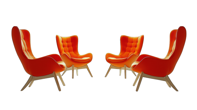 Four orange chairs face each other on a black background