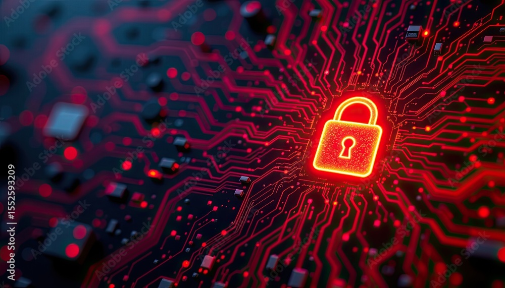 Poster futuristic digital lock with circuit board background in red glow