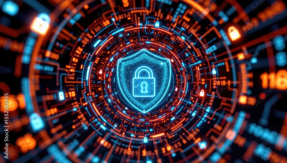 Poster abstract cybersecurity concept with shield and digital elements