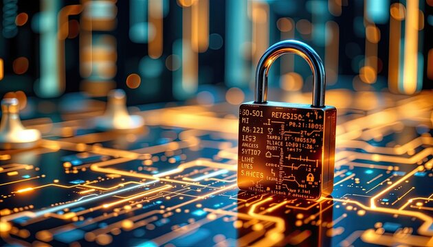 High-Tech Cybersecurity Padlock on Digital Circuit Background