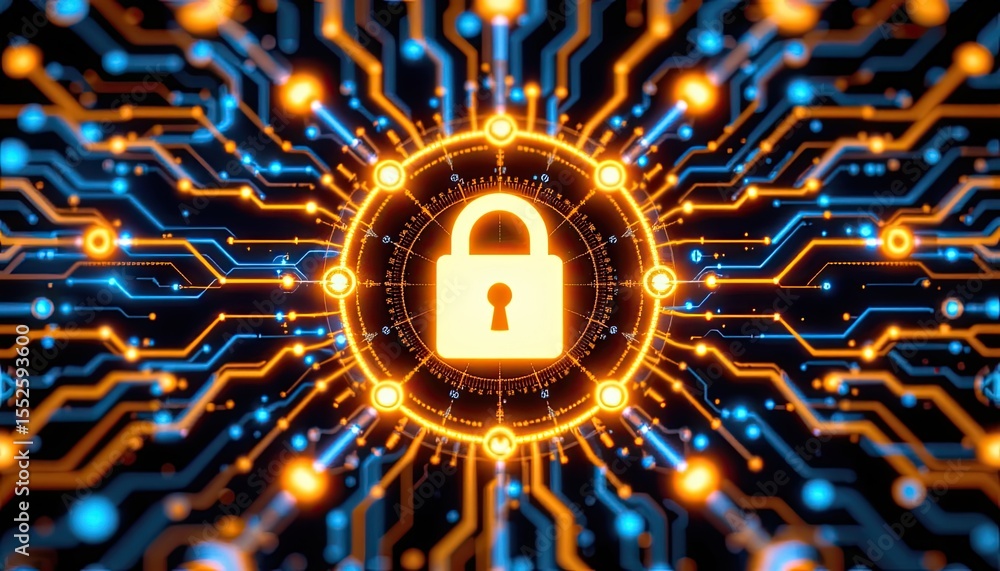 Poster digital security concept with lock icon and circuit board background