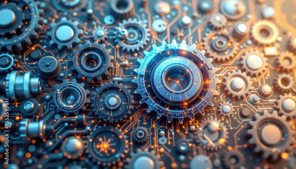 Poster intricate close-up of gears and cogs with futuristic design elements