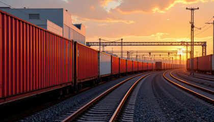 Freight train with red cargo containers on curved railway tracks during sunset with industrial structures and warm sky