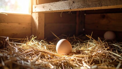 Eggs in the nest: Close-up of a freshly laid brown egg nestled in straw inside a wooden chicken coop, with soft sunlight streaming in.