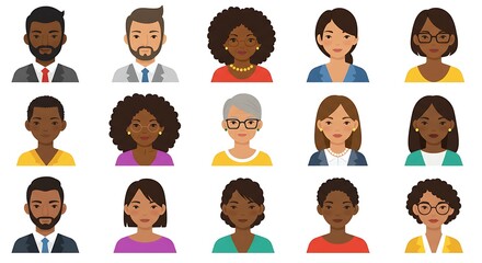 A vibrant collection of fifteen cartoon avatars depicting diverse men and women in business or professional attire, showcasing a range of ethnicities and hairstyles.