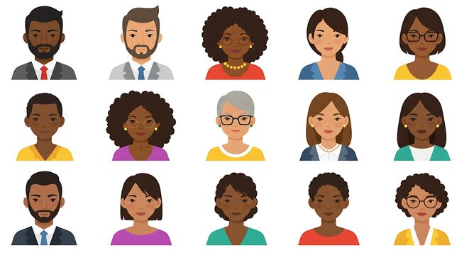 A vibrant collection of fifteen cartoon avatars depicting diverse men and women in business or professional attire, showcasing a range of ethnicities and hairstyles.