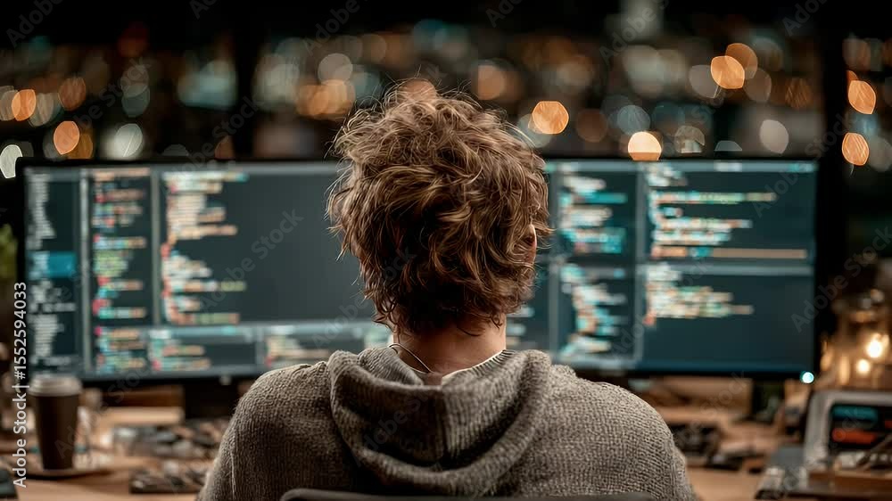 Poster coding at night: programmer working on multiple screens with city lights bokeh