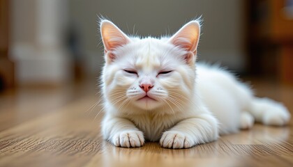 Adorable White Cat Relaxing on Wooden Floor in Cozy Atmosphere