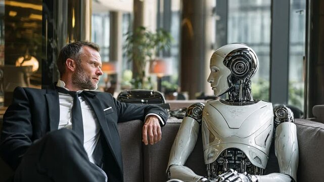 Dialogue of Innovation: A businessman engages in a deep conversation with a humanoid robot, symbolizing the intersection of technology and business, within a sophisticated, modern interior.