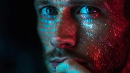 Code Reflections: A close-up of a person's face, illuminated by code, exploring digital reality. This visual concept, suggesting ideas of tech and data processing. - Powered by Adobe