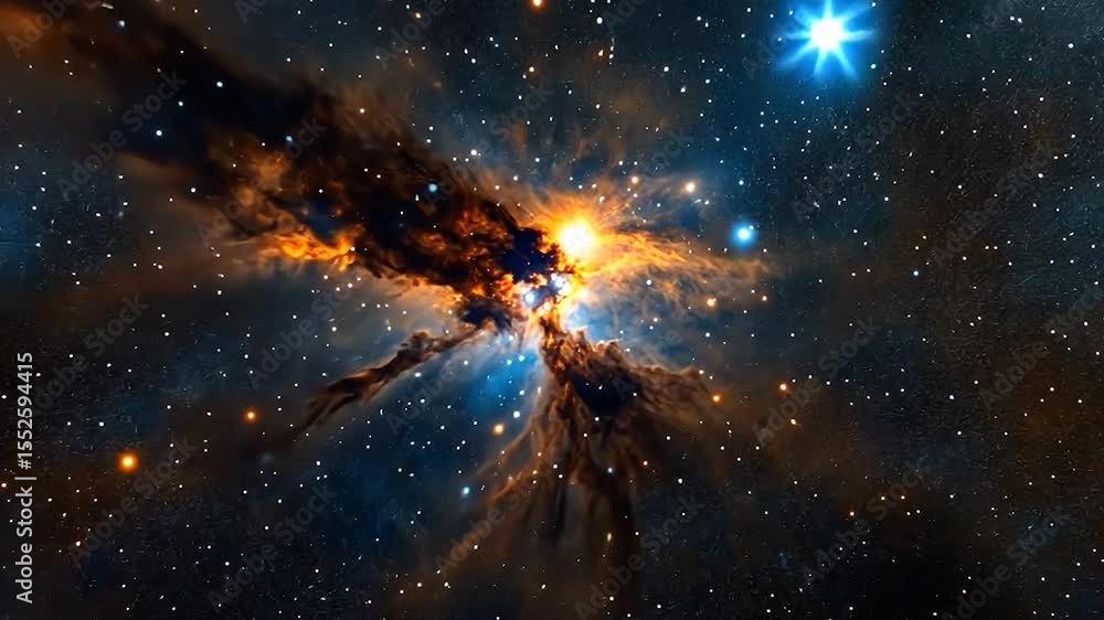 Poster vibrant nebula formation in space with orange and blue hues and numerous stars in the dark backgroun