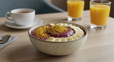 Acai Bowl Breakfast with Orange Juice and Tea, a Healthy and Vibrant Start
