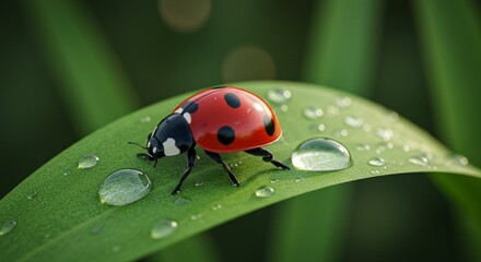 Fototapeta premium Ladybug on dewy leaf
