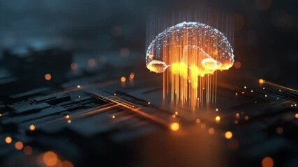 Brainwave Technology: Illuminated brain floats above an integrated circuit board, radiating energy that embodies technological advancement and the evolution of thought. - Powered by Adobe