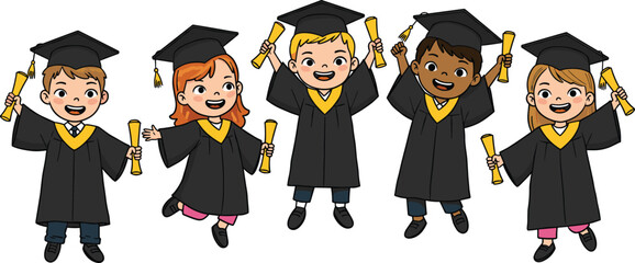 Happy children celebrating graduation in caps and gowns, holding diplomas, cartoon illustration for school ceremony, academic success, kindergarten graduate celebration vector