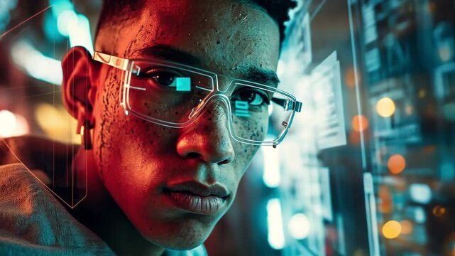 Futuristic Cyberpunk Portrait: A striking, modern man with futuristic eyeglasses in a cyberpunk-inspired setting, immersed in neon lights.