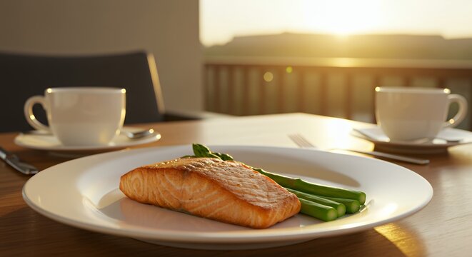 Sunlit Salmon Dinner with Asparagus, a Peaceful Lakeside View
