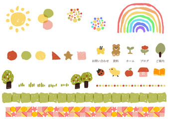 幼稚園・保育園・小児科向け キッズ素材セット｜クレヨン風かわいいデザイン Kids Illustration Set for Kindergarten, Nursery & Pediatric Clinic   Cute Crayon Style Design © momonga