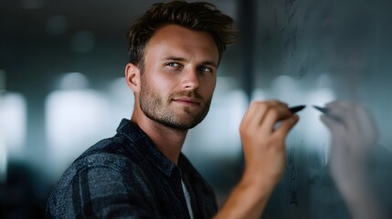 A man writing app architecture on a transparent board in a tech focused office