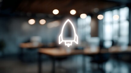 Glowing rocket icon hovers over a modern workspace