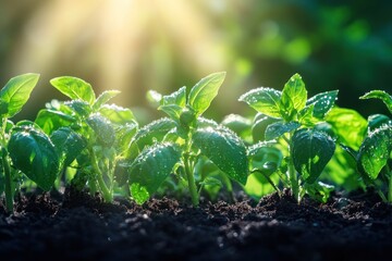 Time-lapse style basil growth from seedling, morning dew and sun glow effect