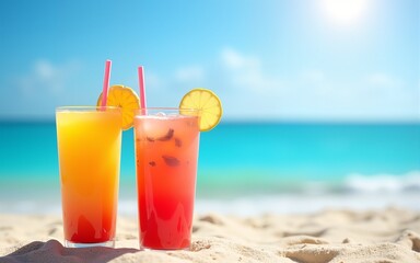 Refreshing drinks on the beach with ocean view for summer vacation, tourism, and travel promotions. High quality