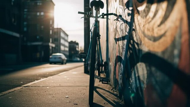 Bike Leaning Against Graffiti Wall at Sunset