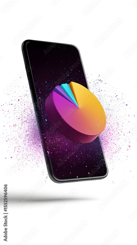 Poster financial app ui with floating pie chart above smartphone