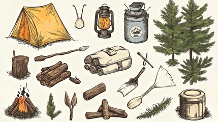 Obraz premium Hand-drawn camping elements vector illustration