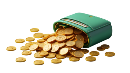 Green wallet spilling golden coins against black background isolated on a transparent background